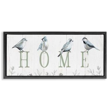 Imagem de Stupell Industries Pássaros empoleirados Home Letters Black Framed Floater Canvas Wall Art Design por Elizabeth Tyndall, 11 x 25
