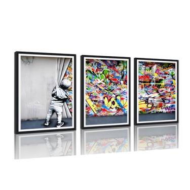 Imagem de Banksy Boy Graffiti Impressão em Tela Emoldurada Arte de Parede Atrás da Cortina Decoração de Parede Arte Pop de Rua Arte Colorida para Sala de Estar Quarto Decoração de Parede Pronto para Pendurar 30