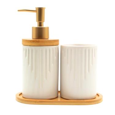 Imagem de Dispenser sabonete líquido Kit Lavabo com bandeja de bambu, dispensador de sabonete e porta-escovas. Elegante e funcional (Branco)
