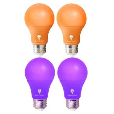 Imagem de Lâmpada LED Bluex Bulbs A19 roxa/laranja 9W 120V, pacote com 4