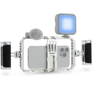 Imagem de Leftfoto Gaiola estabilizadora de telefone universal de alumínio para smartphone com alças duplas para iPhone 16 15 Mini Pro Max 8 Plus para Samsung para Huawei Mate, para vlog/gravação de vídeo