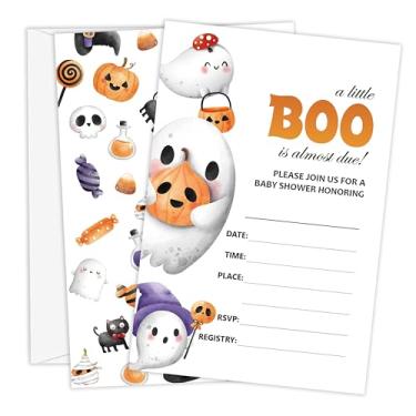 Imagem de Beshoul Convites para chá de bebê, 10 cm x 15 cm Little Boo is Almost Due Convites para chá de bebê com envelopes, suprimentos de decoração de festa revelação de gênero de Halloween - B06
