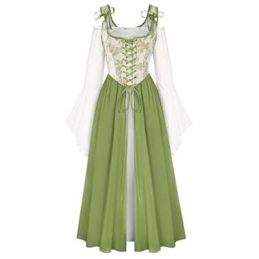 Imagem de Scarlet Darkness Fantasia feminina renascentista floral com cadarço e manga de sino vestido de fada medieval camponesa, Papagaio verde, 06