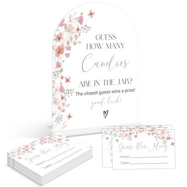 Imagem de Jogos de chá de bebê - Wildflower Adivinhe quantos doces estão no pote, 1 placa de acrílico em arco e 50 cartas de adivinhação, jogo de revelação de gênero, suprimentos de decoração floral para chá de