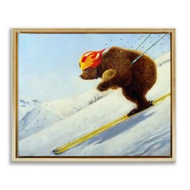 Imagem de Stupell Industries Arte de parede em tela flutuante com moldura dourada The Heist Skiing Bear por Lucia Heffernan, 64 x 89 cm
