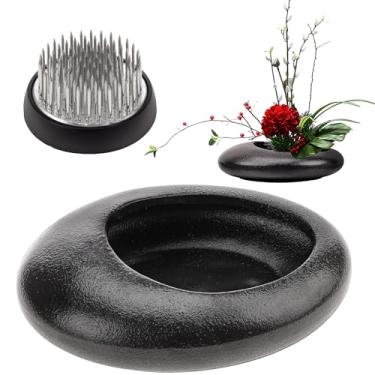 Imagem de Folmywy Kit de vaso Ikebana de cerâmica japonesa com suporte de haste de flor de sapo de flor Kenzan preto redondo vaso de sapo tigela em forma de seixo para centros de mesa suprimentos de arte DIY