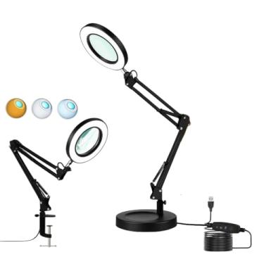 Imagem de Luminária LED com Lupa e Ring Light, Articulada para Mesa Bancada, 3 Modos de Cor, Aumento 10X, com Garra Base Mesa e Controle de Intensidade, Preta