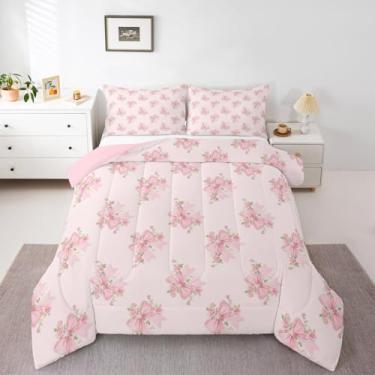 Imagem de Erosebridal Jogo de cama queen floral rosa fofo, com laço coquete rosa, para meninas, crianças e mulheres, conjunto de cama com laço de princesa, boêmio, flores silvestres, decoração de quarto com 2