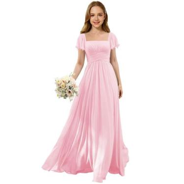 Imagem de Vestido Augday Chiffon com gola quadrada plissado para meninas rosa Sz