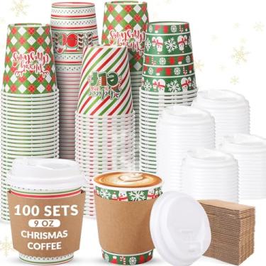 Imagem de Cunhill 100 conjuntos de copos de café descartáveis de Natal de 255 g com tampas e mangas, copos de papel natalinos para festas de fim de ano, bebidas frias, chocolate quente, cacau, bebendo, estilo