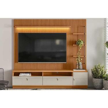 Imagem de Home P/ Tv Até 75 Pol Ouro Preto Ripado C/ 2gav. 1pta. 3 Prat. E Leds 224x198cm Nature/off White - Linea Brasil
