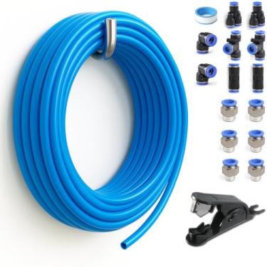 Imagem de Sctihwelire Kit de tubulação de ar PU 4 mm OD ou 5/81.3 cm x 2,5 mm ID - Mangueira flexível azul de 10 m com encaixes de pressão para conectar, cortador de tubo - kit de linha de ar pneumático para