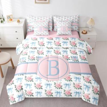 Imagem de Erosebridal Conjunto de cama solteiro com laço, letra B, com estampa floral, laço azul e folhas em uma bolsa, princesa, alfabeto, rosa, para crianças, meninas e mulheres