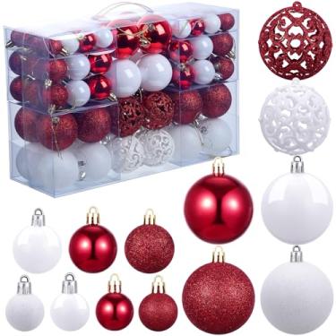 Imagem de Yunsailing Conjunto de 100 peças de enfeites de bola de Natal decorativos, bolas de Natal, pingentes decorativos sazonais para decoração de festa de árvore de Natal (vermelho branco)
