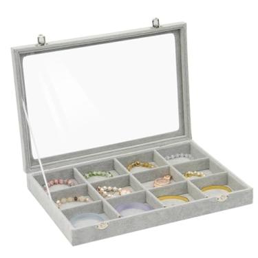 Imagem de KOOAAICCHI Organizador de joias organizador de joias, caixa de armazenamento empilhável de 12 grades com tampa, caixa de joias de veludo, organizador para gaveta de casa, mesa ou show de venda de loja