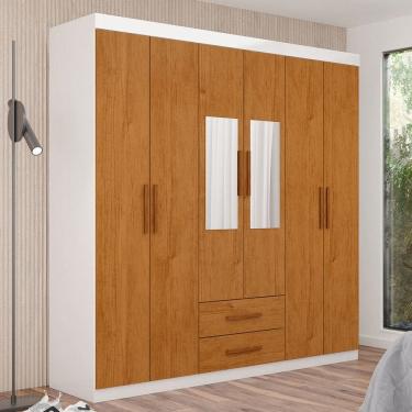 Imagem de Guarda-Roupa Solteiro Aurora 6 Portas 2 Gavetas com Espelho Branco/Cinamomo - Carioca Móveis
