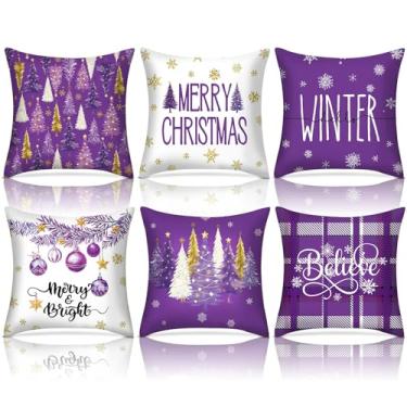 Imagem de HunnmingRe 6 conjuntos de capas de almofada de inverno em aquarela de Natal 45,7 x 45,7 cm para decoração sazonal decorativa ao ar livre para sofá, varanda, casa de fazenda (Roxo)