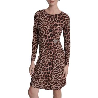 Imagem de DKNY Minivestido feminino de manga comprida, gola joia, comprimento até o joelho, logotipo D Hardware, Travertino Multi, 42