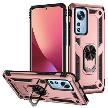 Imagem de SORAKA Capa para Xiaomi 12 com suporte de anel, capa protetora Xiaomi 12X, capa traseira rígida de policarbonato macio com placa de metal para suporte magnético de telefone, carro, ouro rosa