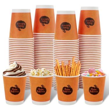 Imagem de Tamone Pacote com 100 copos de papel descartáveis de 255 g, copos de papel de Halloween à prova de vazamento, copos de festa de abóbora laranja para café frio/quente, bebida, chocolate, cacau para