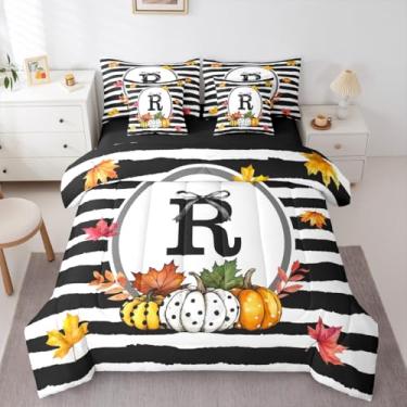 Imagem de Erosebridal Conjunto de edredom com laço alfabético preto e branco, geométrico, colheita de outono, abóbora, 7 peças, letra R, cama em um saco, tamanho solteiro, para crianças e adultos, conjunto de