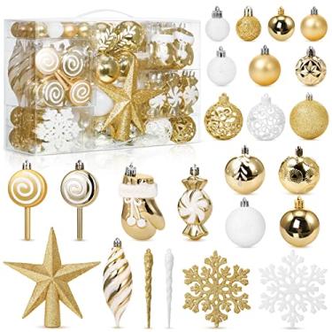 Imagem de Conjunto de 130 peças de enfeites de árvore de Natal sortidos para pendurar conjunto de bolas com laço para pendurar para guirlanda de festa de Natal decoração de árvore de Natal (ouro prata branco)