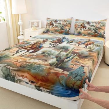 Imagem de Jogo de lençol infantil casal caubói ocidental, decoração de quarto de cacto do deserto, vintage tribal retrô para meninos e meninas, amarelo e verde, 2 fronhas (não plana)