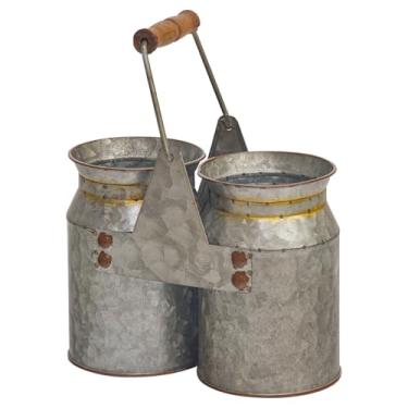 Imagem de JUMBO DECOR Vasos de flores duplas galvanizados rústicos, vaso de flores decorativas de fazenda com alças, pequenos vasos de metal francês para casamento, escritório, festa, decoração de casa, 20 x 10
