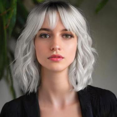 Imagem de Peruca MINLEE Silver Grey Sintética 35 cm Short Bob com franja