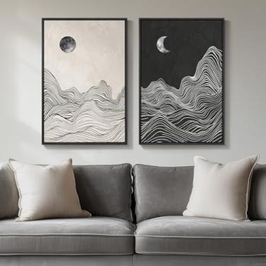 Imagem de Arte de parede abstrata emoldurada em preto e branco, conjunto de 2 pinturas modernas em tela para paredes, imagens abstratas de montanhas e lua para quarto, sala de estar, sala de jantar, decoração