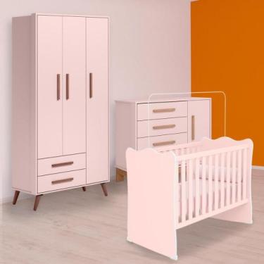 Imagem de Berço, Cômoda Sapateira Slim e Guarda Roupa Retrô Rosa - Qmovi