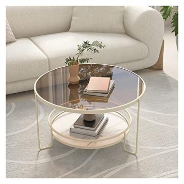 Imagem de Mesa de centro de design simples, mesa de centro moderna, redonda de vidro temperado, mesa de chá de 2 camadas com prateleira de armazenamento para sala de estar, varanda, mesa de escritório, mesa