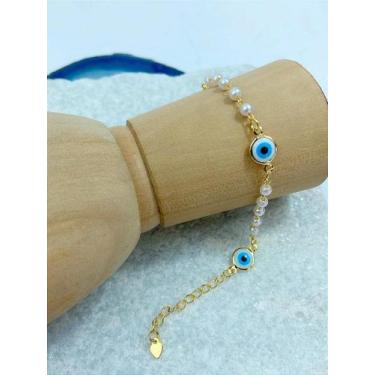 Imagem de Pulseira de Pérola Olho Grego com Banho de Ouro 2 Milésimos - 1 Unidad