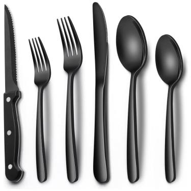 Imagem de Conjunto de Talheres Premium em Preto, 24 Peças em Aço Inox, Facas de Churrasco, Para 4 Pessoas, Talheres de Mesa de Alta Qualidade,EWFEN