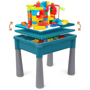 Imagem de Mesa de Atividades Multifuncional 5 em 1 com 105 Blocos de Montar e Armazenamento, BEAURE, Azul