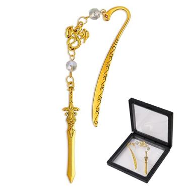 Imagem de Marcador de livro de metal com espada de dragão, inspirado na quarta asa, para amantes de livros, marca legal de espada de dragão para leitores, presentes de clube de livros escolares (ouro)