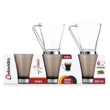 Imagem de Conjunto 6 Xícaras Vidro 230ml com Base e Alça Inox - Belakaza