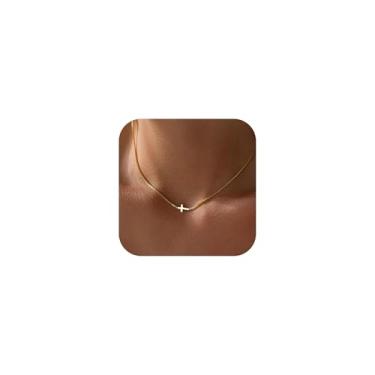 Imagem de ZZLAY Colar de cruz para mulheres – Colar de cruz banhado a ouro 18K com requintado colar de pingente de cruz de ouro, pequeno colar de cruz lateral, joia de ouro elegante presente para mulheres