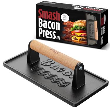 Imagem de Pisol Prensa de hambúrguer de bacon, espremedor de hambúrguer de ferro fundido pré-temperado, churrasqueira resistente de 900 g, ferramenta de prensa de carne de bacon com cabo de madeira