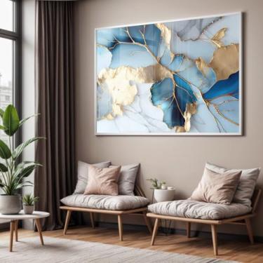 Imagem de Quadro com Moldura e Acrilico Cristal Vidro Sala Quarto Abstrato Azul Mármore Decorativo Horizontal Grande Hall