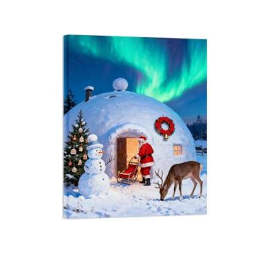 Imagem de Impressões em tela Natal-Imagens decoração-Paisagem inverno veados aurora-Pintura para sala de estar banheiro 60x80cm Tela Embrulhada