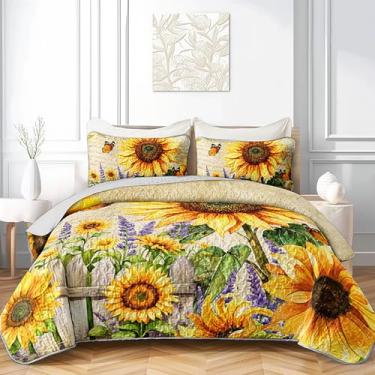 Imagem de AILONEN Jogo de cama king size de girassol amarelo com 2 fronhas, colcha leve e macia, edredom floral vintage para todas as estações, 3 peças
