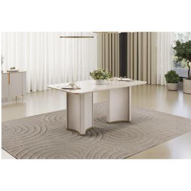 Imagem de Mesa P- Cozinha Liz C- Tampo Madeirado C- Vidro Curvo 180x100cm Off White-off White - Dj Móveis