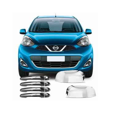Imagem de Kit Aplique Cromado Maçaneta Retrovisor Nissan March 2011 à 2021
