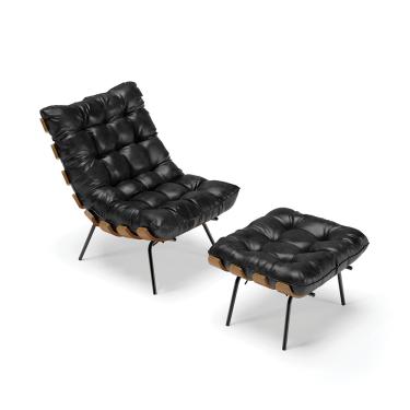 Imagem de Kit 01 Poltrona e 01 Puff Costela Corano Preto Base Metálica Preto - D'Rossi