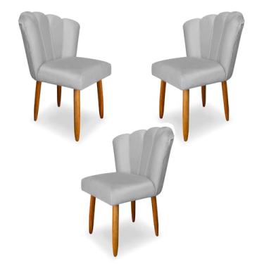 Imagem de Kit 3 Cadeiras de Jantar Pétala Estofada Pés Palito Veludo Cinza - Montanaris Decor