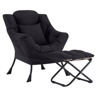 Imagem de YOTATING Cadeira preguiçosa com otomano, cadeira de sofá de lazer com destaque moderno com apoio para os pés e travesseiro, espreguiçadeira moderna com apoios de braços para sala de estar, preta