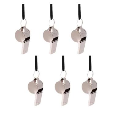 Imagem de Pacote com 6 apitos de metal com cordões: Tom nítido para uso esportivo e seguro – Design de treinador, opções de aço inoxidável de grau adulto ideais para treinadores, instrutores, árbitros e