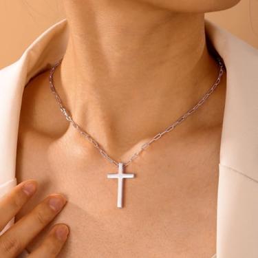 Imagem de Colar masculino com cruz preto/rosa/branco – Corrente resistente com pingente, hipoalergênica personalizada, não mancha, presente de aniversário de Natal, joias modernas, 20+2", Aço inoxidável, Sem