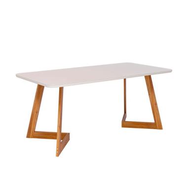 Imagem de Mesa de Jantar Retangular com Tampo de Vidro Caju Off White e Madeira 180 cm